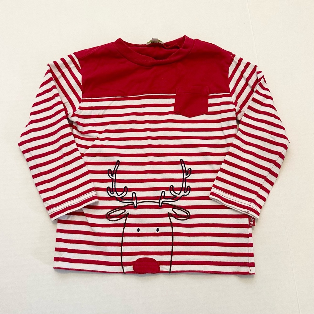 Le Top Red and White Striped Long Sleeve Tee with Reindeer